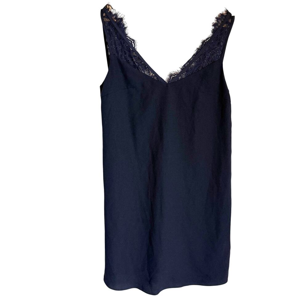 Aqua Navy Blue Sleeveless V-Neck Lace Trim Shift Mini Dress Size XS